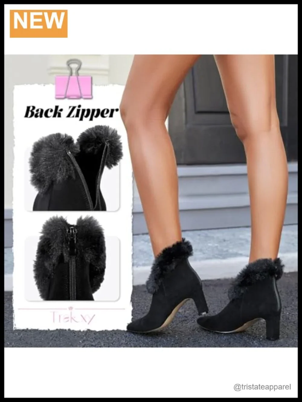 Faux Suede Ankle Booties Chunky Heel Pointed Toe Faux Fur Cuff Zip Closure